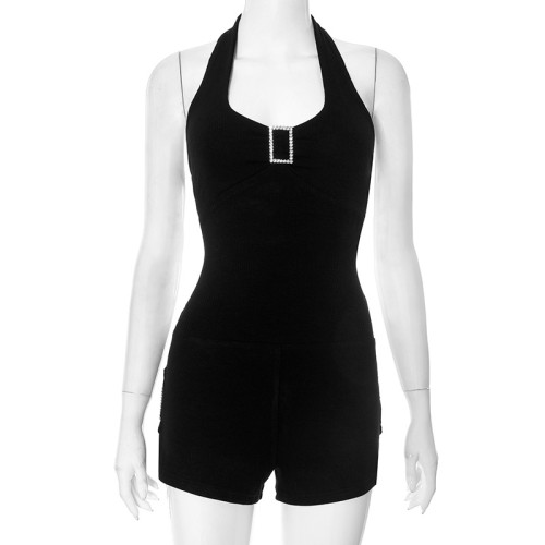 Hanging neck exposed backpack hip short jumpsuit
