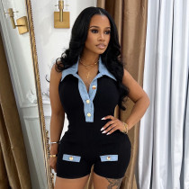 Polo collar denim contrasting jumpsuit shorts