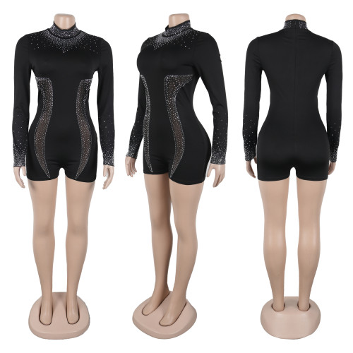 Hot stamping see through elastic jumpsuit