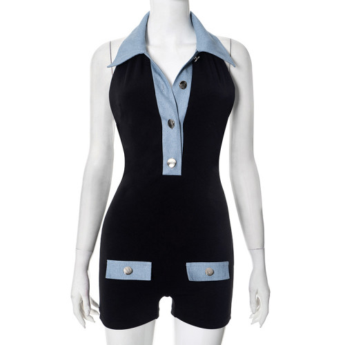 Polo collar denim contrasting jumpsuit shorts