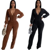 Splicing V-neck long sleeved sports jumpsuit