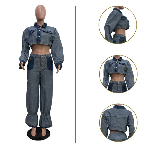 Color blocked denim suit