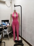 Deep V-neck sleeveless tight fitting vest pocket workwear pants two-piece set