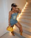 Off shoulder short strapless buckle elastic washed denim suit