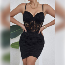 Deep V low cut bag hip skirt with hollowed out lace patchwork dress