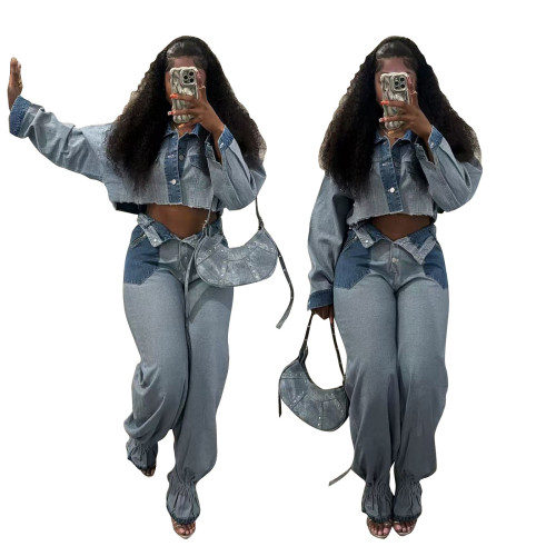 Color blocked denim suit