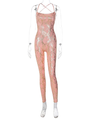 Yoga high waisted hot stamping sports sleeveless jumpsuit