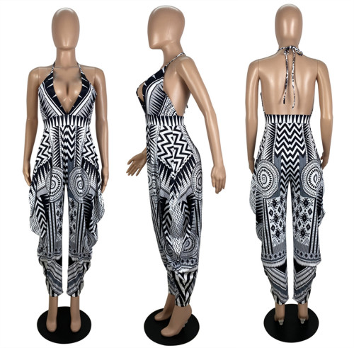 Low cut V-neck strap positioning printed jumpsuit