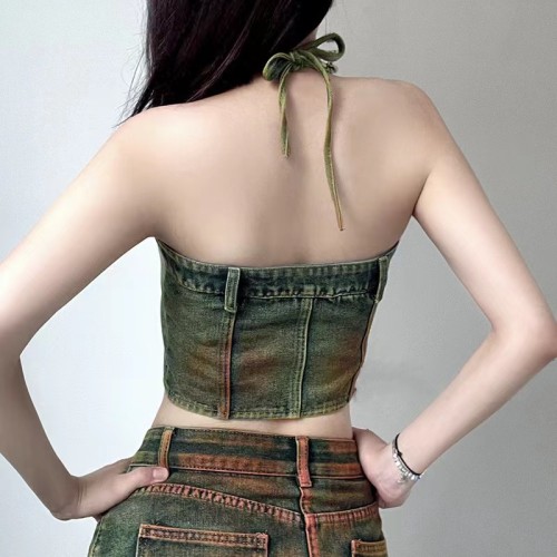 Cowboy camisole set, half skirt, strapless design with multiple pockets, painted half skirt in various colors