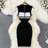 Polo collar striped knitted vest dress with hip wrap