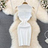 Polo collar striped knitted vest dress with hip wrap