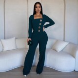 Splicing large button long sleeved sports jumpsuit