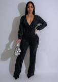 Splicing V-neck long sleeved sports jumpsuit