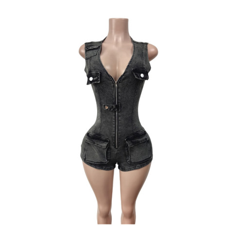 Tank top jumpsuit denim shorts stretch jumpsuit shorts