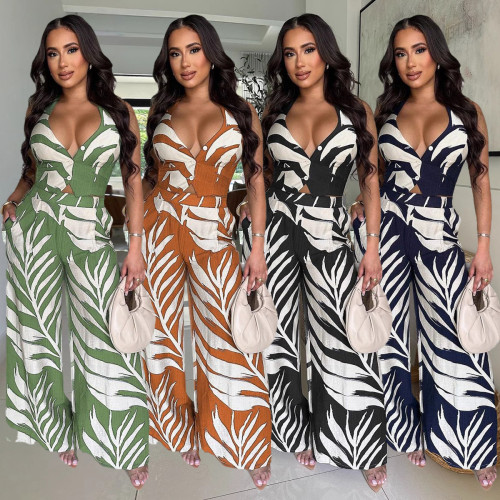 Printed neck tie top, wide leg pants two-piece set