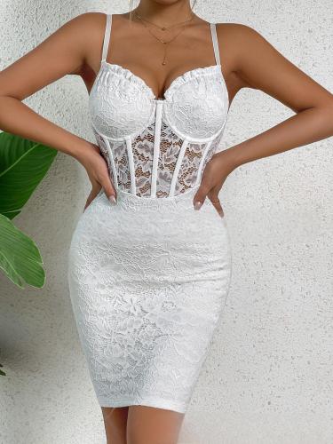 Deep V low cut bag hip skirt with hollowed out lace patchwork dress