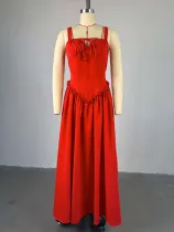 Lace up V-neck high waisted A-line jumpsuit long dress