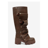 Large high heels, thick heels, round toe metal rivets, knee high boots