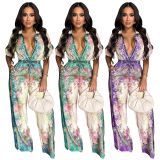 V-neck retro printed jumpsuit
