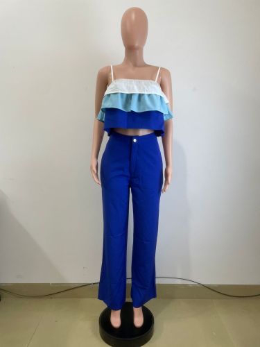 Strap wrapped chest ruffle top, high waisted pants set