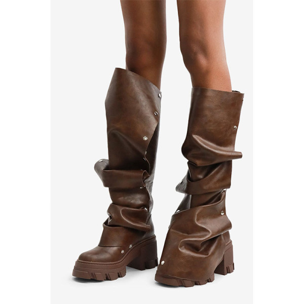 Large high heels, thick heels, round toe metal rivets, knee high boots