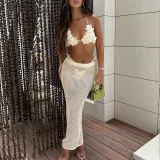 Hollow back strap wrapped buttocks long skirt beach cover set