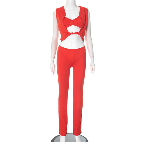 Sleeveless vest hollowed out pants set