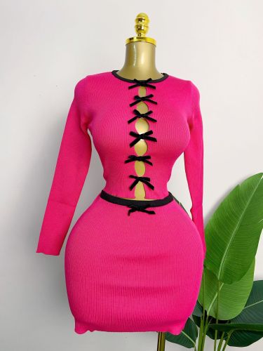 Bow Round Neck Long Sleeve Knitted Shirt High Waist Skirt Set