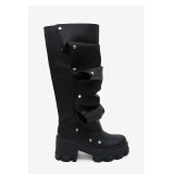 Large high heels, thick heels, round toe metal rivets, knee high boots