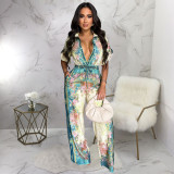 V-neck retro printed jumpsuit