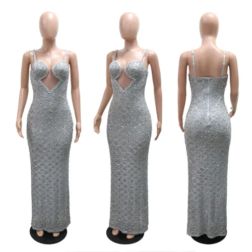V-neck see through sequin camisole dress