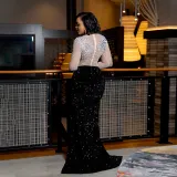 Round neck high slit hot stamping diamond dress