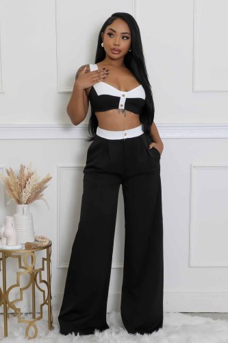 Strap strapless top, color blocked wide leg pants set