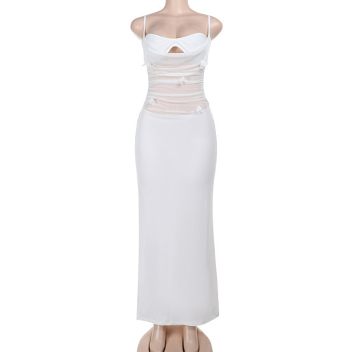 Mesh splicing waist cinching flower suspender dress