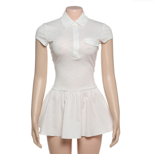 Collar button pleated contrasting short sleeved dress