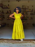 Bow tie tied long waist cinching suspender dress