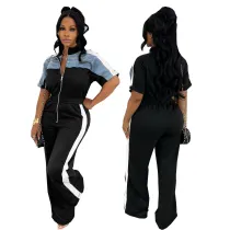 Cowboy patchwork stand up collar zipper jumpsuit