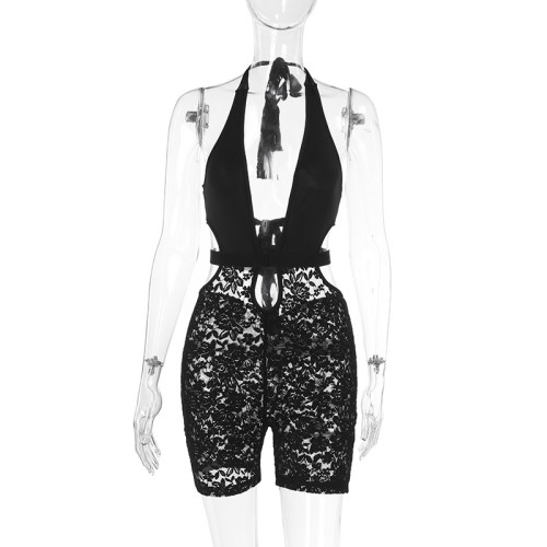 Slim lace deep V-cut jumpsuit