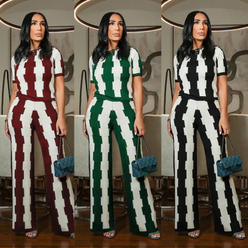 Elastic wide leg print two-piece set
