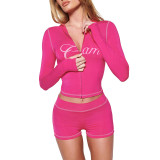 Leopard print hooded zipper top high waisted shorts set