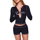 Leopard print hooded zipper top high waisted shorts set