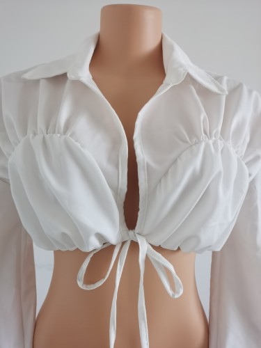 Solid color long sleeved lantern sleeve shirt top
