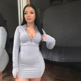 Long sleeved half open collar dress with hip wrap