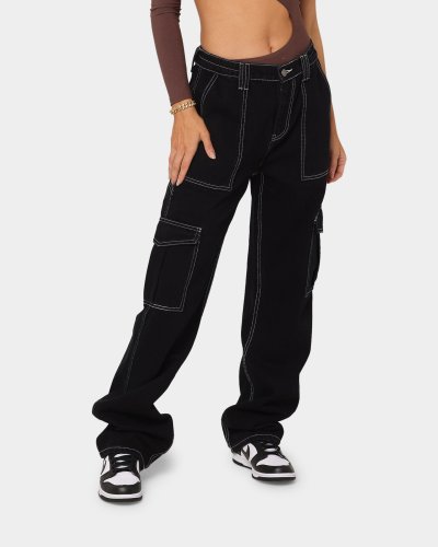 High waisted elastic waistband, loose waistband, wide leg workwear, multi pocket jeans
