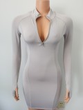 Long sleeved half open collar dress with hip wrap