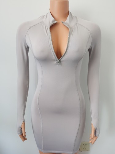 Long sleeved half open collar dress with hip wrap