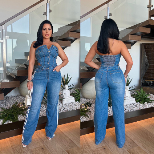 Strapless one shoulder straight leg wide leg denim jumpsuit