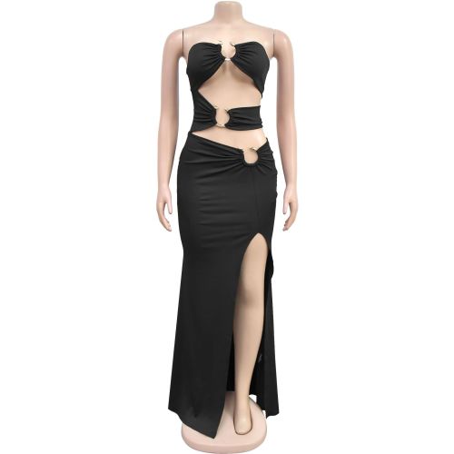 Solid color slim fit slit jumpsuit long skirt