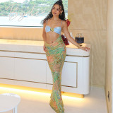 Hanging strap splicing waist exposed printed long dress, contrasting color backless dress