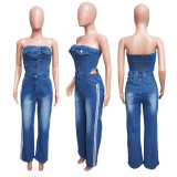 Strapless one shoulder straight leg wide leg denim jumpsuit